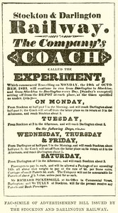 Faksimile der Werbeanzeige, die von der Stockton and Darlington Railway herausgegeben wurde von English School