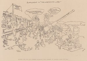 Faksimile-Seite aus der humorvollen illustrierten Zeitung, veröffentlicht in Ladysmith während der Belagerung (Lithografie) von English School