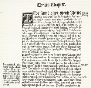 Faksimile des Matthäus-Evangeliums, Kapitel XIII, Verse 1-15, aus Tyndales Testament, Illustration aus The History of Protestantism von James Aitken Wylie, veröffentlicht 1878