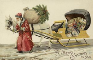 Weihnachtsmann zieht einen Schlitten mit Geschenken von English School