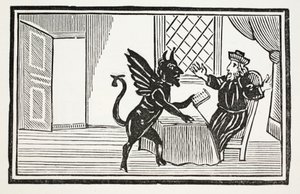 Faustus wird vom Geist gewarnt, sein Ende zu erwarten, Illustration aus Chap-books of the Eighteenth Century von John Ashton, veröffentlicht 1882 von English School