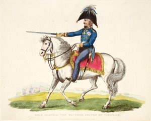 Feldmarschall von Blücher, Prinz von Wagstadt, veröffentlicht von Richard Evans, graviert von Romney, Illustration aus An Historical Account of the Battle of Waterloo von William Mudford, 1816