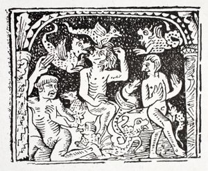 Viertes: Lazarus beschreibt, was er in der Hölle gesehen hat - ein schrecklicher Korb mit Schlangen, die Körper beißen und angreifen von English School