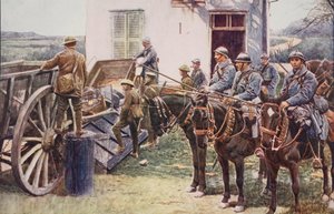 Französische Lanzenreiter kommen an einem Dorfvorposten an, um den britischen Streitkräften zu helfen, 1914-19