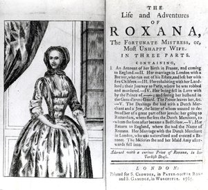 Frontispiz und Titelseite für The Life and Adventures of Roxana von Daniel Defoe, veröffentlicht 1765 von English School