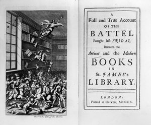 Frontispiz und Titelseite zu The Battle of the Books von Jonathan Swift, veröffentlicht 1710