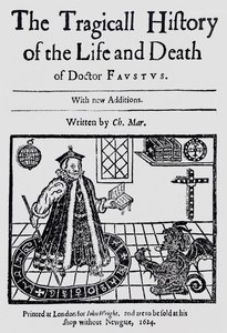 Frontispiz der Tragischen Geschichte des Lebens und Todes von Doktor Faustus, von Christopher Marklin, ca. 1616 von English School