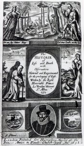 Frontispiz zu Francis Bacons Die Geschichte von Leben und Tod, veröffentlicht 1638 von English School