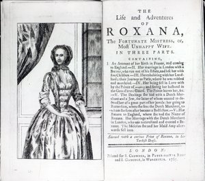 Frontispiz zu Roxana, Die glückliche Mätresse von Daniel Defoe, Ausgabe veröffentlicht 1765