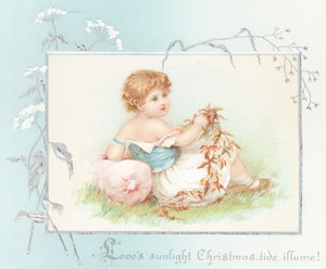 Mädchen entspannt auf Gras mit Blättern, Weihnachtskarte von English School