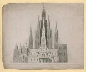 Geometrische Erhebungen der Westfronten der Kathedralen von St. Pauls, London (vor dem Brand) ... und der Großen Pyramide von Ägypten in einem Maßstab von English School