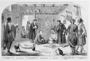 George Curzon inspiziert Bücher in der abessinischen Bibliothek im Kloster Souriani, aus Visits to Monasteries in the Levant, veröffentlicht 1849 von English School