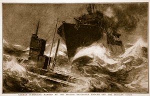 Deutsches U-Boot von britischem Zerstörer Badger vor der belgischen Küste gerammt, 1914-19 von English School
