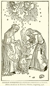 Deutscher Aberglaube--Hexen brauen einen Zauber. Nach einem Holzschnitt in Ulrichs Hexen, Augsburg, 1508 von English School