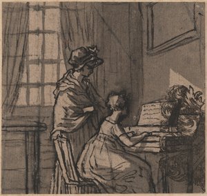Mädchen an einem Klavichord, ca. 1800 (Tinte & Waschung auf Papier) von English School