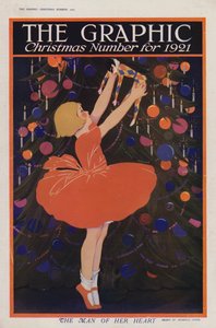 Mädchen hängt eine Harlekin-Dekoration an einen Weihnachtsbaum (Farblithographie)
