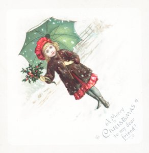 Mädchen hält Regenschirm und Stechpalme im Schnee, Weihnachtskarte