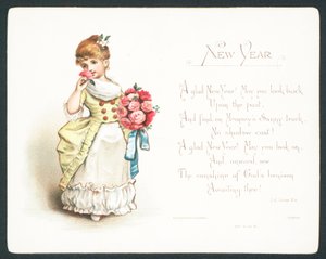 Mädchen riecht an Rosen, Neujahrskarte von English School