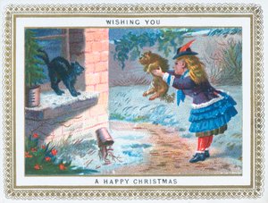 Mädchen ärgert Katze mit Hund, Weihnachtskarte