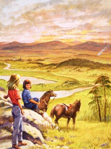 Mädchen und Ponys blicken über die Landschaft von English School