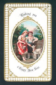 Mädchen füttern Ziege, Neujahrskarte von English School