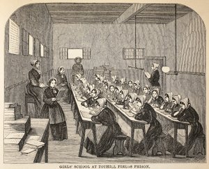 Mädchenschule im Tothill Fields Prison, Illustration aus The Criminal Prisons of London and Scenes from Prison Life von Henry Mayhew und John Binny, veröffentlicht 1862 von English School