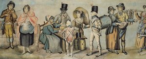 Zum Jahrmarkt gehen, Detail einer musikalischen Familienaufführung und Apfelverkäufer, um 1815 (Aquarell und Gouache auf Papier)