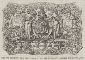 Goldene Schatulle, überreicht mit der Freiheit der Stadt London an Admiral Sir Edmund Lyons (Gravur)