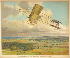 Grahame-White in seinem Flugzeug auf dem Weg nach Blackpool. Kleines Buch der Luftschiffe. London: Ernest Nister, [1912]