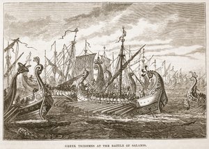 Griechische Trieren in der Schlacht von Salamis von English School