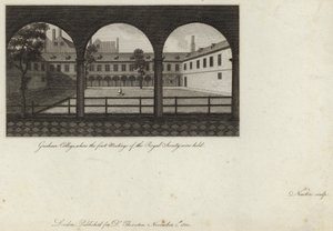 Gresham College, wo die ersten Treffen der Royal Society stattfanden von English School
