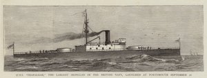 HMS "Trafalgar", das größte Panzerschiff der britischen Marine, in Portsmouth am 20. September vom Stapel gelaufen (Stich) von English School