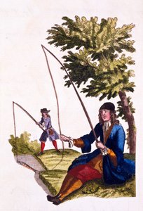 Gewohnheiten eines Gentlemans - Angeln, 1690 (handkolorierter Stich)