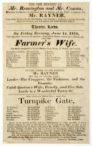 Handzettel, der eine einmalige Aufführung von Mr. Rayner in "Die Frau des Bauern" und "Turnpike Gate" im Theater von Leeds bewirbt