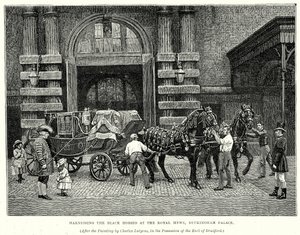Anspannen der schwarzen Pferde in den königlichen Stallungen, Buckingham Palace (Gravur) von English School