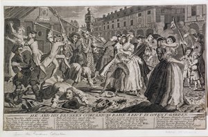 Er und seine betrunkenen Gefährten verursachen einen Aufruhr im Covent Garden, 1735