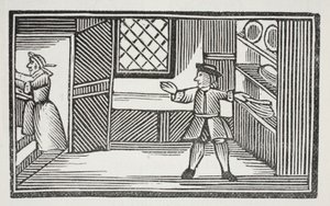 Er ging in die Speisekammer und bediente sich am Brot und Butter, Illustration aus Chap-books des achtzehnten Jahrhunderts von John Ashton, veröffentlicht 1882