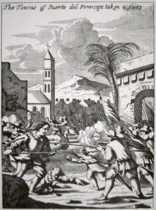 Henry Morgan erobert und plündert die Stadt Puerto de Principe, Kuba, 1668, Illustration aus 