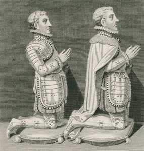 Henry Stuart, Lord Darnley und sein Bruder Charles Stuart, Earl of Lennox, kniend vor dem Grab ihrer Mutter in der Westminster Abbey, graviert von Andrew Birrell, 1796