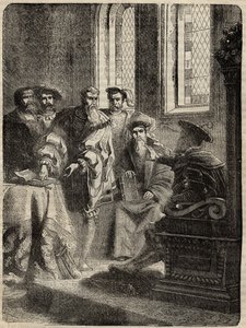 Heinrich VIII. und sein Rat ordnen die Übersetzung der Bibel ins Englische an - 1538 - Gravur aus „History of England“ von Cassell Petter & Galpin von English School