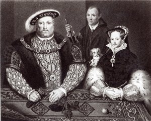 Heinrich VIII., seine Tochter Königin Maria und Will Somers, nach einem Ölbild aus dem 16. Jahrhundert, posthum gemalt, 1821 von English School