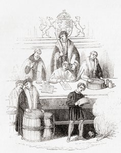 Heinrich VII. prüft Gewichte und Maße im Schatzamt im Jahr 1497, aus Old England: A Pictorial Museum, veröffentlicht 1847