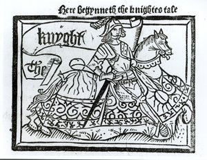 Hier beginnt die Geschichte des Ritters, Illustration aus den Canterbury Tales von Geoffrey Chaucer (ca. 1345-1400) gedruckt von William Caxton (ca. 1422-91) 1434