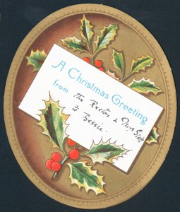 Stechpalme und Beeren auf Tafel, Weihnachtskarte von English School