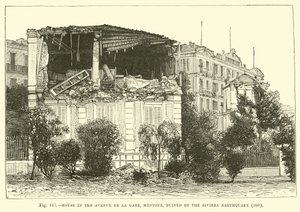Haus in der Avenue de la Gare, Mentone, zerstört durch das Riviera-Erdbeben, 1887 von English School