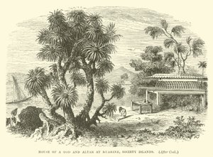Haus eines Gottes und Altar in Huahine, Gesellschaftsinseln, nach Cook