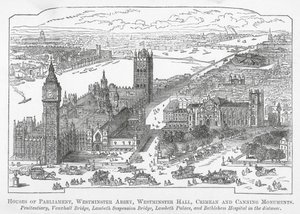 Houses of Parliament, Westminster Abbey, Westminster Hall, Krim- und Canning-Denkmäler (Gravur) von English School