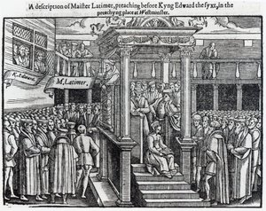 Hugh Latimer (ca. 1485-1555) predigt vor König Edward VI (1537-53) in Westminster im Jahr 1547, aus 