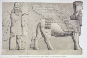 Menschlicher Stierkopf und geflügelte Figur von einem Tor an der Mauer um Koujunjik, Tafel 3 aus Ninive und seine Überreste von Austen Henry Layard (1817-94) veröffentlicht 1849 von English School