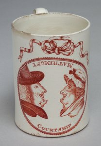 Humorvolle Tasse mit invertierbaren Köpfen eines Mannes und einer Frau, ca. 1780